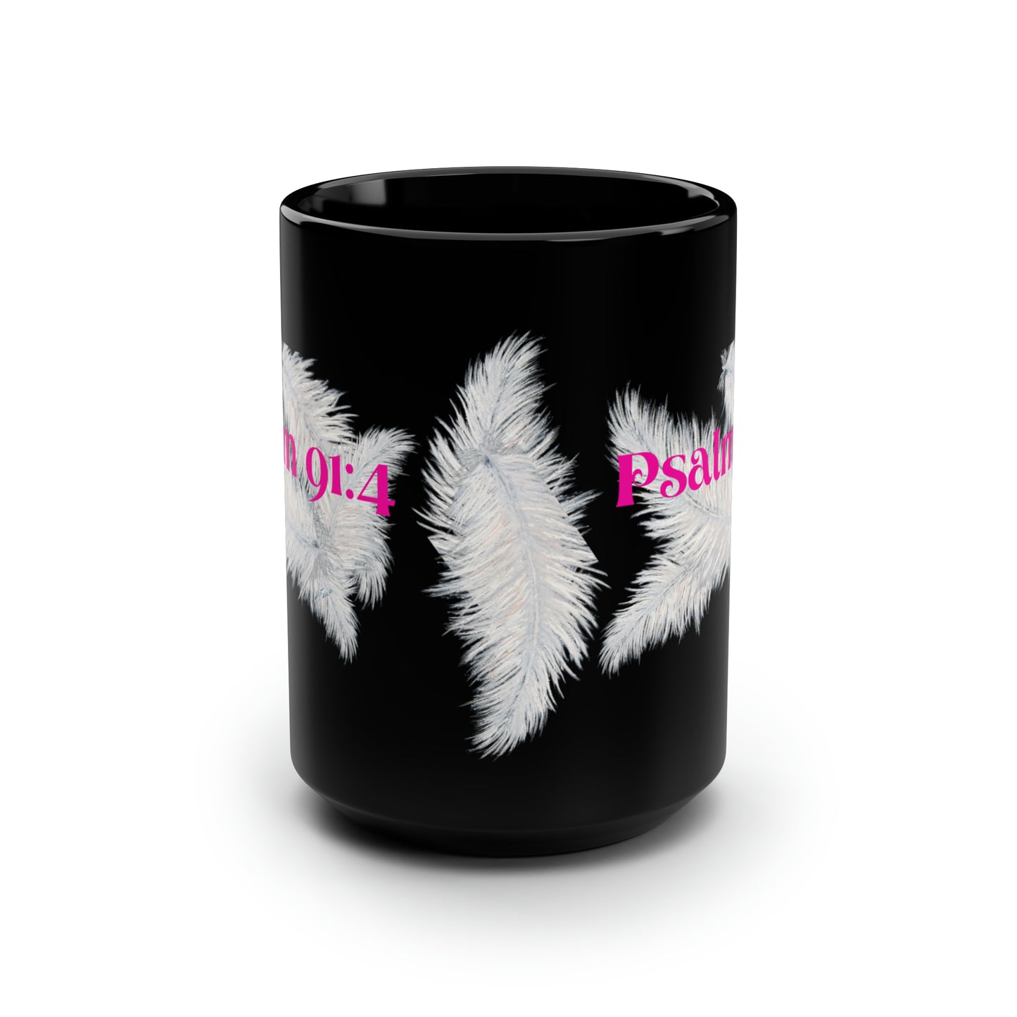 Black Mug, 15oz~Feather, Psalm 91:4