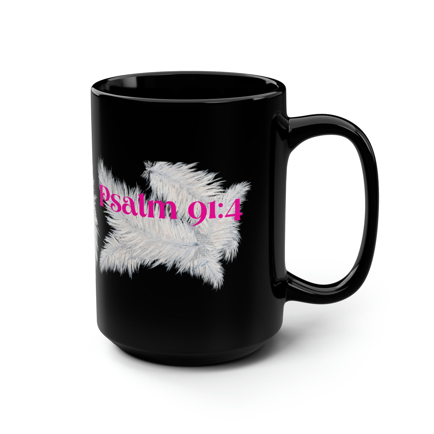 Black Mug, 15oz~Feather, Psalm 91:4