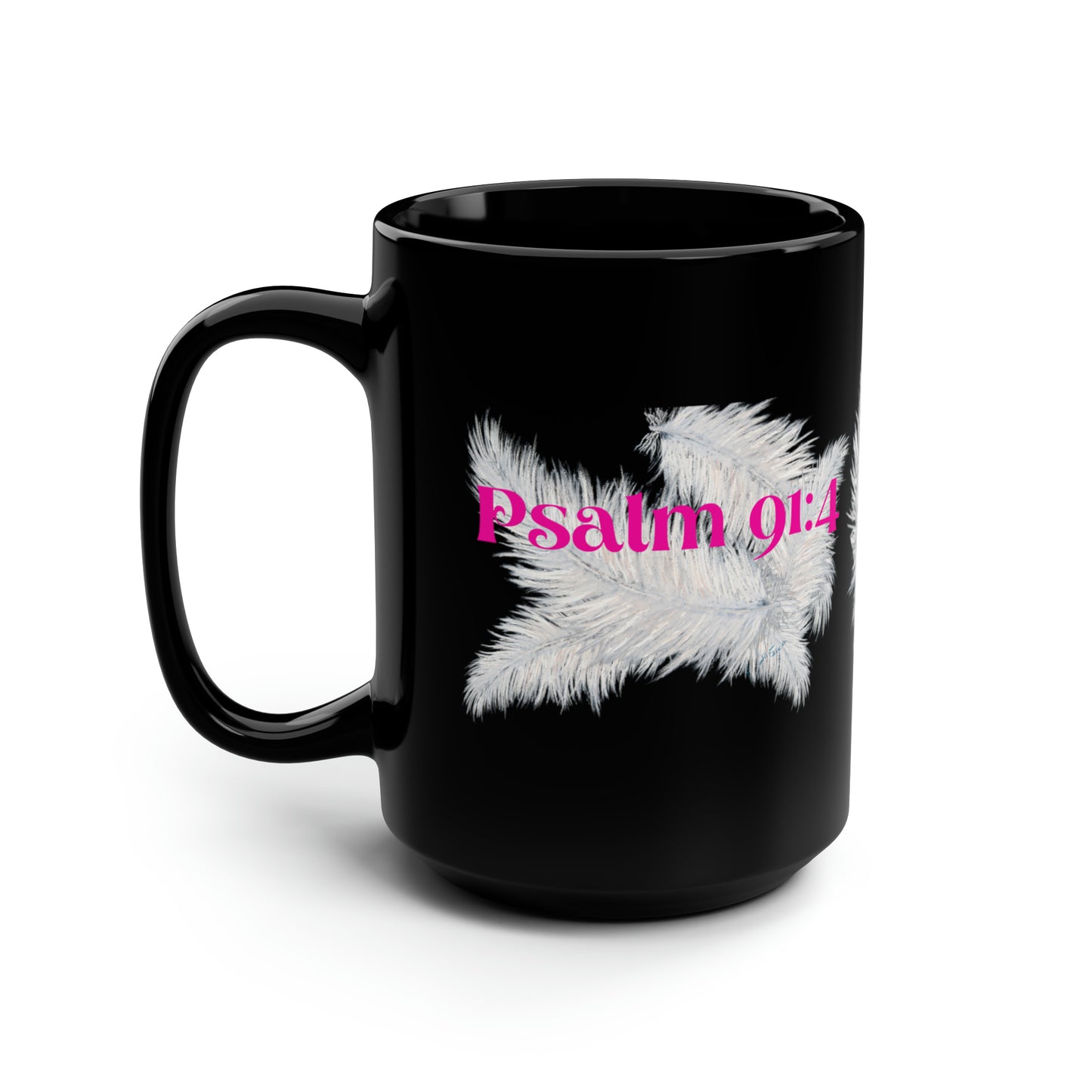 Black Mug, 15oz~Feather, Psalm 91:4